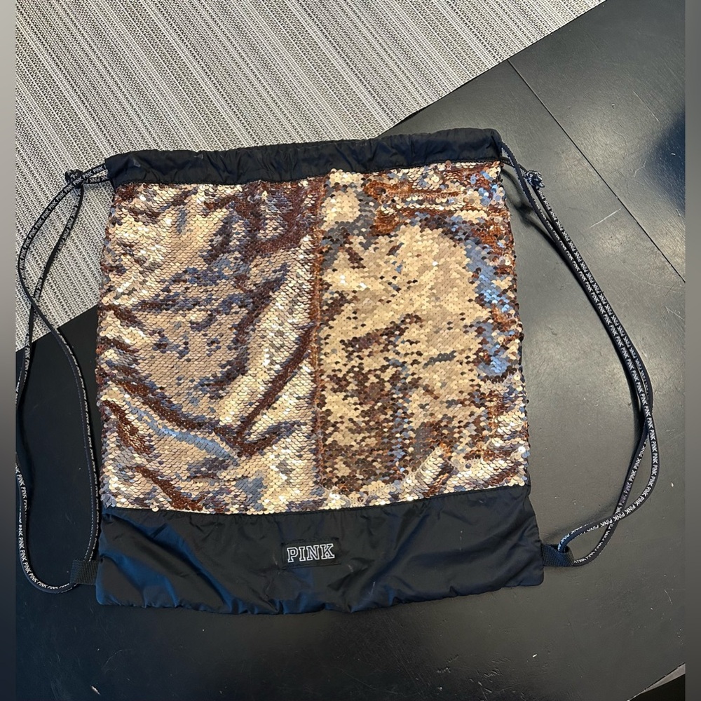 PINK Victoria's Secret Sequin Drawstring Bag, rose gold sequins, logo, EUC